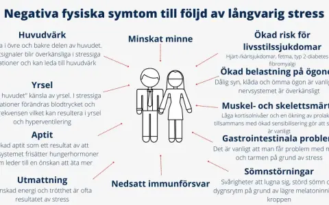 Bilden visar hur långvarig stress kan leda till stressrelaterade sjukdomar som huvudvärk, yrsel, minnesproblem och sömnstörningar.