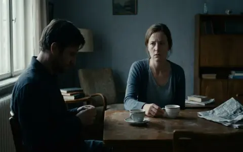En kvinna och en man sitter vid ett bord med kaffe. Mannen tittar ner, kvinnan ser orolig ut. En känsla av triangulering och narcissism hänger i luften.