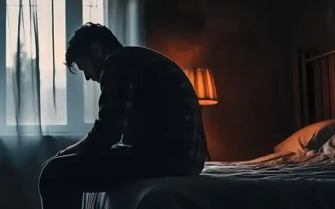 En man sitter på sängkanten, djupt försjunken i sina negativa tankar. Lampan lyser svagt i rummet.
