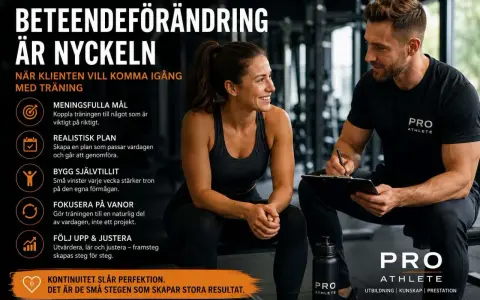 En tränare och klient diskuterar träningsplaner. Bilden betonar vikten av mental styrka för att uppnå träningsmål.