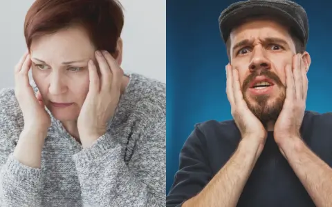 Kvinna och man med händerna mot ansiktet, uttrycker oro. Kanske ett prestationsångest test?