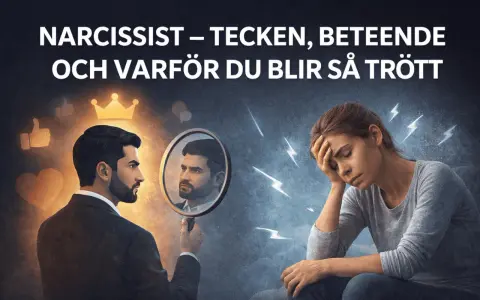 Man ser sig i spegeln, omgiven av symboler för beundran. Bredvid sitter en kvinna utmattad, omgiven av blixtar, ett tecken på narcissistiskt beteende.