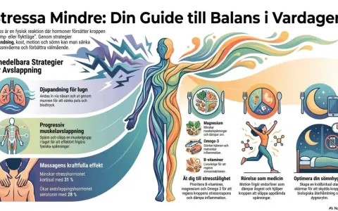 Grafik visar strategier för att få ner pulsen vid ångest: djupandning, muskelavslappning, massage, kost, motion och sömn.