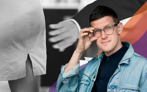 Man med glasögon och jeansjacka tittar fram bakom en kvinna. En hand sträcker sig mot hennes kjol. En partner till sexmissbrukare kan uppleva liknande situationer.