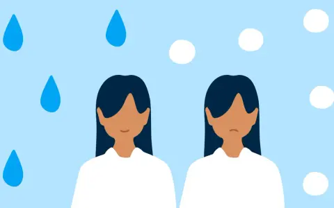 Två ansiktslösa personer under en blå himmel med regndroppar och moln. Den ena ser ledsen ut, som om hon tappat lusten till allt.