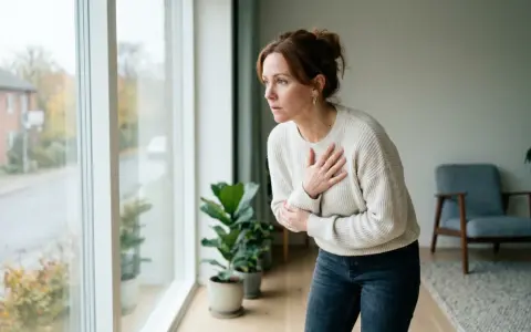 Kvinna med handen på bröstet, ser orolig ut. Hon kanske behöver **gad medicin** för sina besvär.