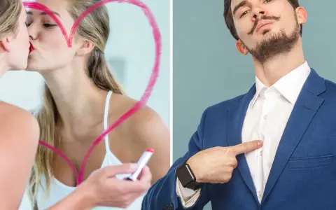 Kvinna kysser sin spegelbild i ett hjärta, man pekar på sig själv. Ett narcissist test.