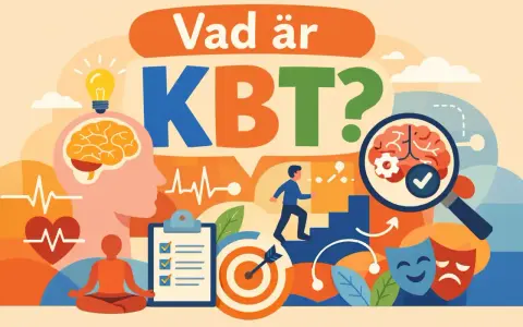 Illustration om beteendeanalys KBT. Visar hjärna, meditation, mål, trappor, och känslomasker.