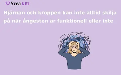 En person med händerna på huvudet, omgiven av kaotiska linjer som symboliserar ångest. Texten beskriver hur hjärnan och kroppen kan uppleva fysiska symtom vid stress och ångest.
