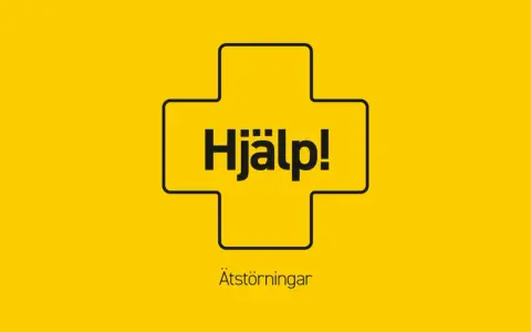 En gul bakgrund med en svart kontur av ett kors. I korset står texten "Hjälp!". Under korset står texten "Ätstörningar", vilket kan vara en del av olika typer av beroende.