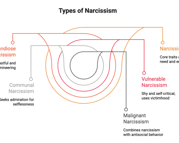 Diagrammet visar olika typer av narcissism: Grandios, Kommunal, Sårbar och Malign. Det ger en visuell förklaring av vad som kan menas med narcissist.