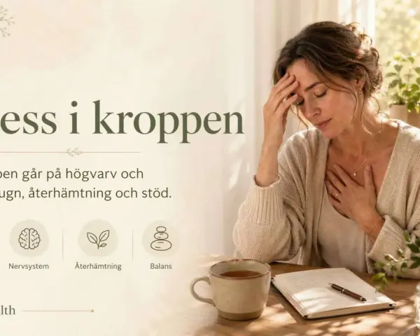 Kvinna med handen på tinningen och bröstet, visar fysiska tecken på farlig stress. Texten "Stress i kroppen" och ikoner för sömn, nervsystem, återhämtning och balans.