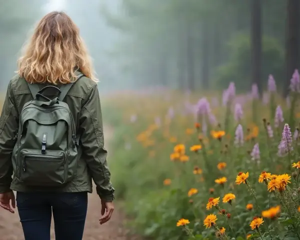 En kvinna med ryggsäck vandrar på en stig genom en blomsteräng. En symbol för livet efter utmattningssyndrom, där lugn och återhämtning blomstrar.
