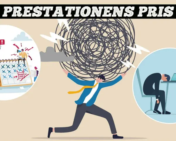 En man kämpar med en stor boll av trassel, symboliserande stress. Till vänster syns en kalender med deadlines och en timglas. Till höger en utmattad person vid en dator. Bilden illustrerar hur **social fobi jobb** kan leda till överväldigande press.