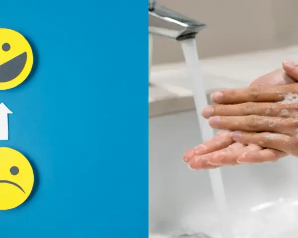Två gula smiley-ansikten, ett ledsamt och ett glatt, med en pil emellan. Till höger tvättas händer med tvål under rinnande vatten. Kan symbolisera hur man hanterar intrusive thoughts svenska.