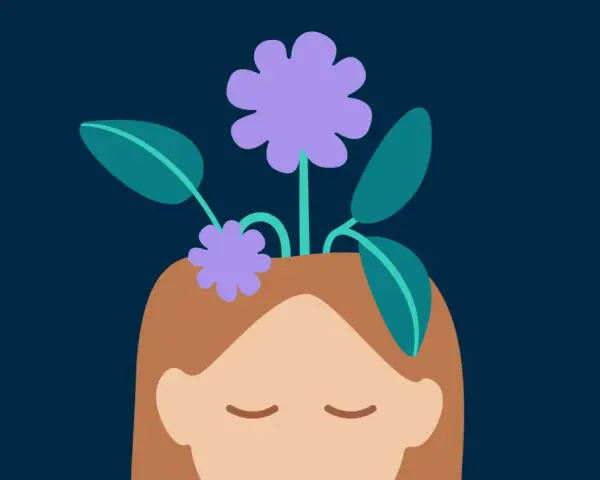 Blommor växer ur ett huvud, en symbol för hur kognitiv terapi kan hjälpa tankar att blomstra.