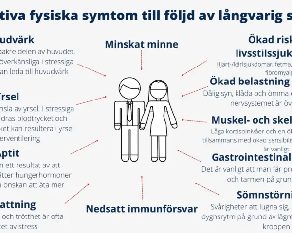 Bilden visar hur långvarig stress kan leda till stressrelaterade sjukdomar som huvudvärk, yrsel, minnesproblem och sömnstörningar.