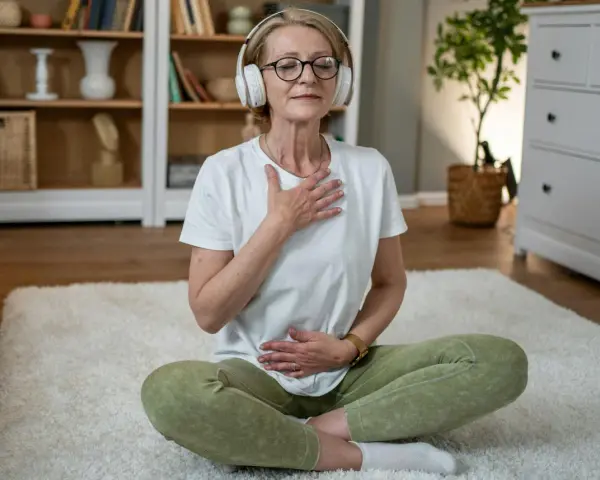 Kvinna med hörlurar sitter på en matta och utövar meditation och andning. Hennes ögon är slutna och hon har händerna på bröstet och magen.