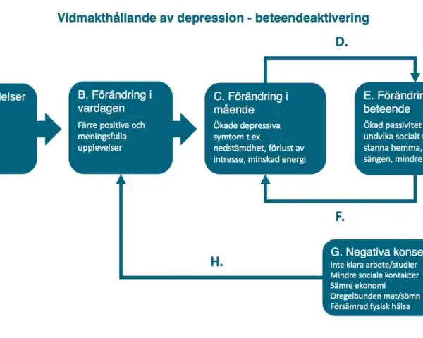 Schema visar hur livshändelser påverkar vardag, mående och beteende, vilket kan leda till negativa konsekvenser. En modell för dystymi behandling.