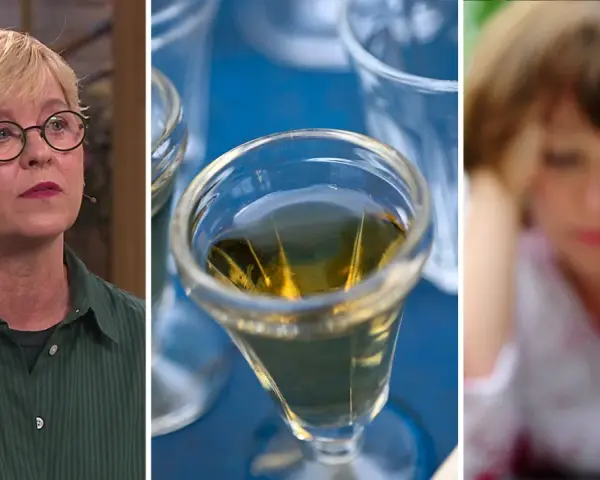 Kvinna med glas, en drink och en person med händerna mot huvudet. Kan symbolisera hur alkohol kan leda till depression.