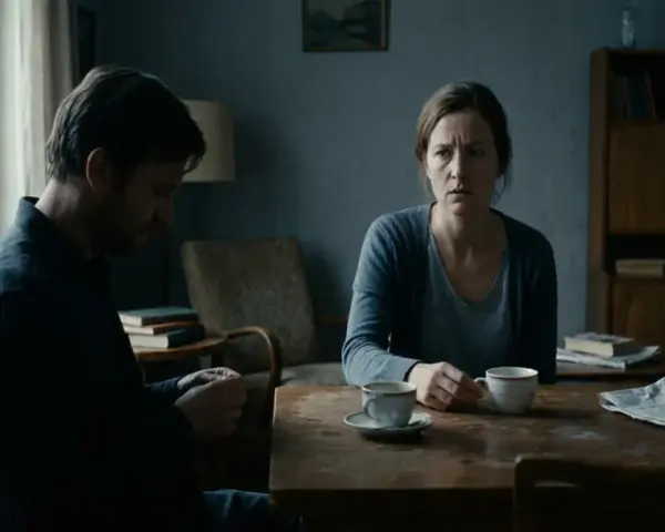 En kvinna och en man sitter vid ett bord med kaffe. Mannen tittar ner, kvinnan ser orolig ut. En känsla av triangulering och narcissism hänger i luften.