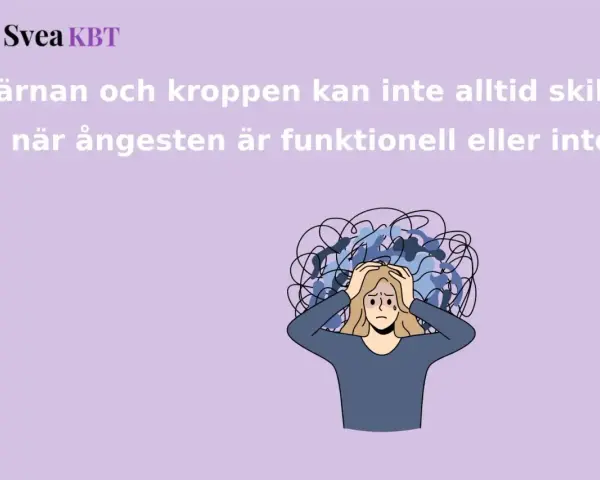 En person med händerna på huvudet, omgiven av kaotiska linjer som symboliserar stark ångest. Texten lyder: "Hjärnan och kroppen kan inte alltid skilja på när ångesten är funktionell eller inte.