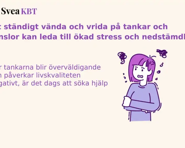 En person med armarna i kors och oroliga tankar som virvlar runt huvudet. Negativa tankar kan leda till depression och nedstämdhet.
