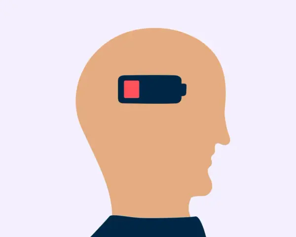 Profil av ett huvud med ett batteri som visar låg laddning, en symbol för emotionell utmattning.