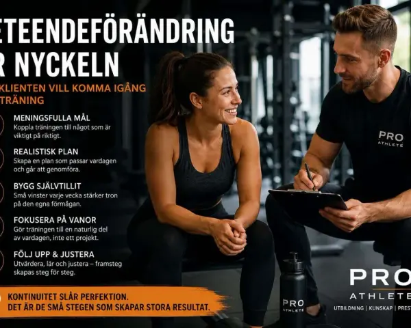 En tränare och klient diskuterar träningsplaner. Bilden betonar vikten av mental styrka för att uppnå träningsmål.