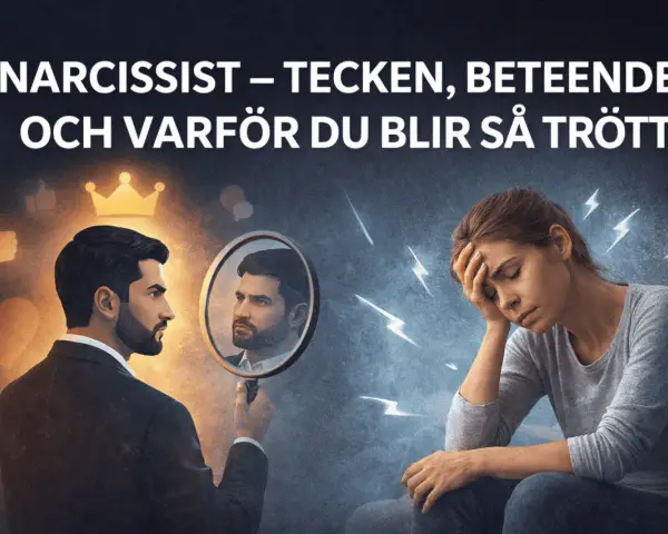Man ser sig i spegeln, omgiven av symboler för beundran. Bredvid sitter en kvinna utmattad, omgiven av blixtar, ett tecken på narcissistiskt beteende.