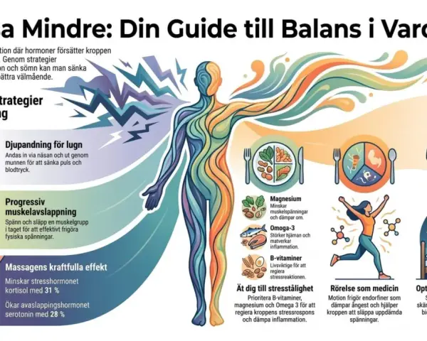 Grafik visar strategier för att få ner pulsen vid ångest: djupandning, muskelavslappning, massage, kost, motion och sömn.