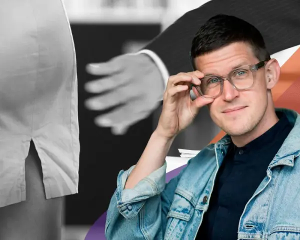 Man med glasögon och jeansjacka tittar fram bakom en kvinna. En hand sträcker sig mot hennes kjol. En partner till sexmissbrukare kan uppleva liknande situationer.