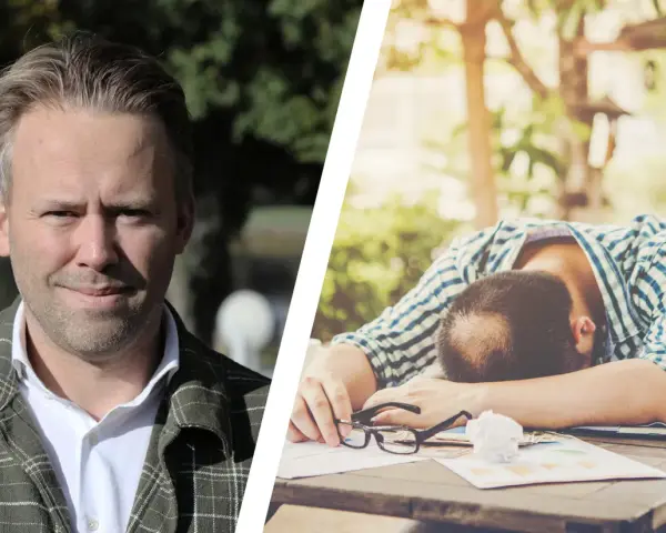 En man tittar framåt, medan en annan man ligger utslagen över ett bord, en bild som kan symbolisera vår depression.