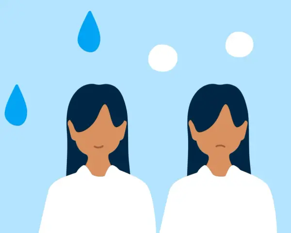 Två ansiktslösa personer under en blå himmel med regndroppar och moln. Den ena ser ledsen ut, som om hon tappat lusten till allt.