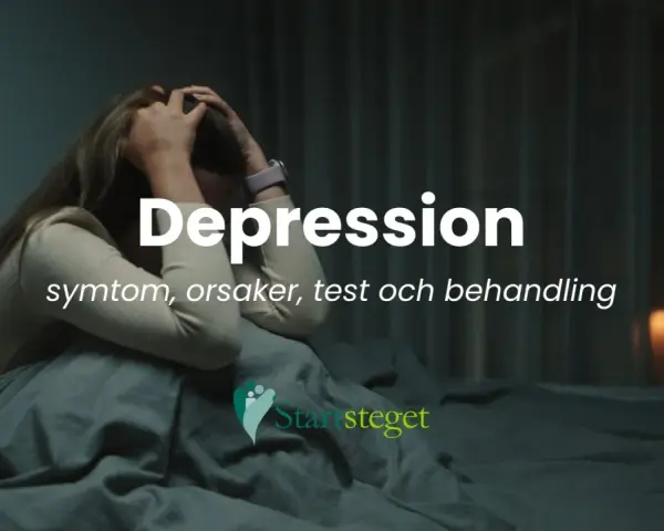 En person sitter hopkrupen i sängen, med händerna i håret. Texten "Depression" syns tydligt, och under den "symtom, orsaker, test och behandling". Ingen aptit kan vara ett tecken på depression.