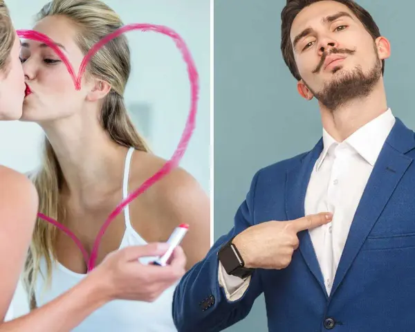 Kvinna kysser sin spegelbild i ett hjärta, man pekar på sig själv. Ett narcissist test.