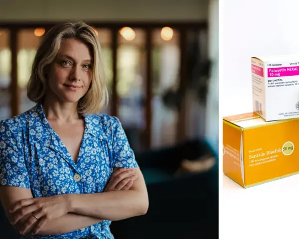 Kvinna med armarna i kors, bredvid mediciner som kan användas vid panikångest.