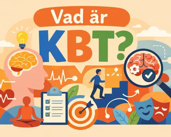 Illustration om beteendeanalys KBT. Visar hjärna, meditation, mål, trappor, och känslomasker.