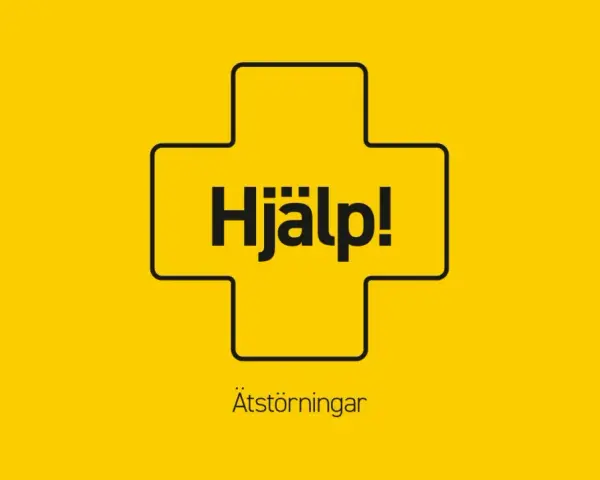 En gul bakgrund med en svart kontur av ett kors. I korset står texten "Hjälp!". Under korset står texten "Ätstörningar", vilket kan vara en del av olika typer av beroende.
