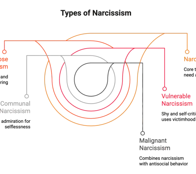 Diagrammet visar olika typer av narcissism: Grandios, Kommunal, Sårbar och Malign. Det ger en visuell förklaring av vad som kan menas med narcissist.