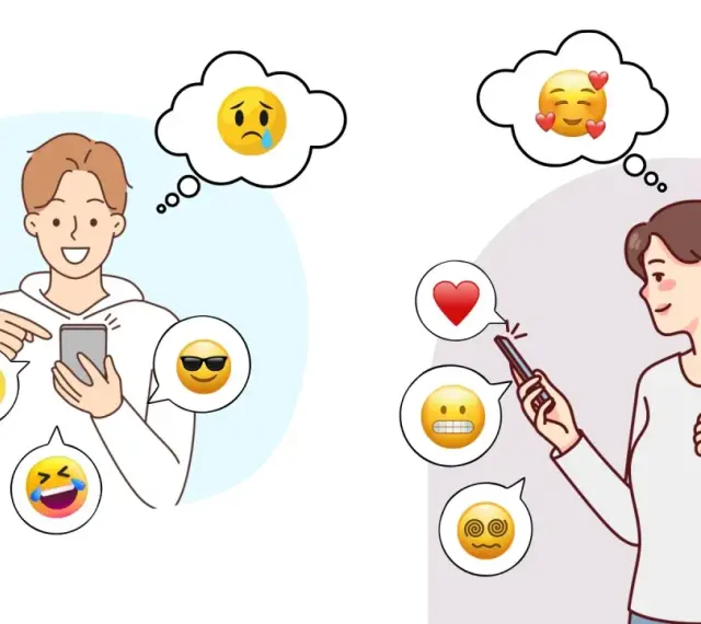 En kille och en tjej interagerar via sina mobiler, omgivna av emojis. Kanske en illustration av hur social fobi kan påverka kommunikationen.