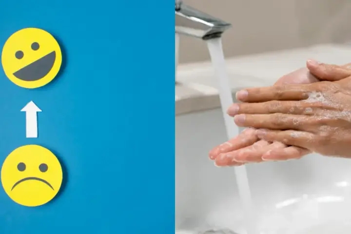 Två gula smiley-ansikten, ett ledsamt och ett glatt, med en pil emellan. Till höger tvättas händer med tvål under rinnande vatten. Kan symbolisera hur man hanterar intrusive thoughts svenska.