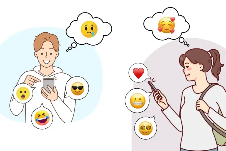 En kille och en tjej interagerar via sina mobiler, omgivna av emojis. Kanske en illustration av hur social fobi kan påverka kommunikationen.