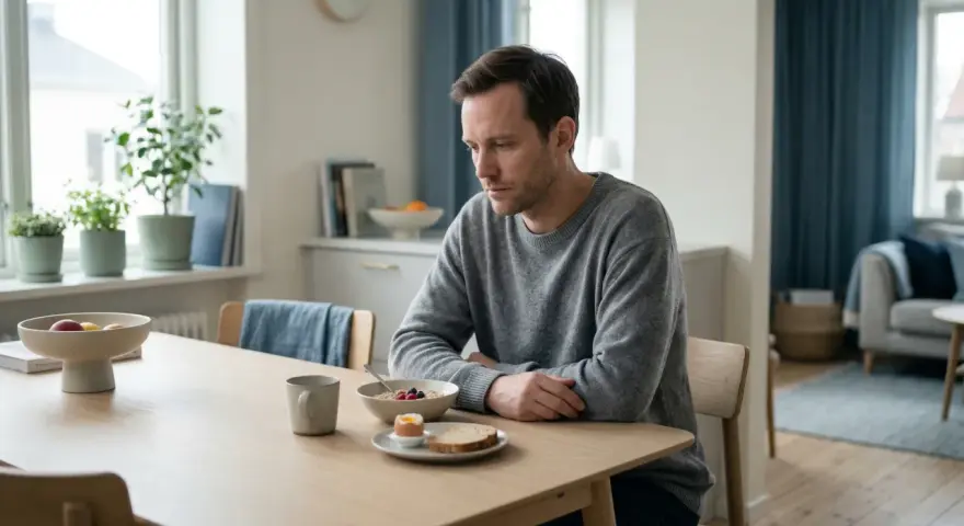 Man vid frukostbordet, nedstämd. Hans depression kan ha lett till viktnedgång, trots en till synes hälsosam måltid.