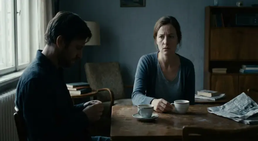 En kvinna och en man sitter vid ett bord med kaffe. Mannen tittar ner, kvinnan ser orolig ut. En känsla av triangulering och narcissism hänger i luften.