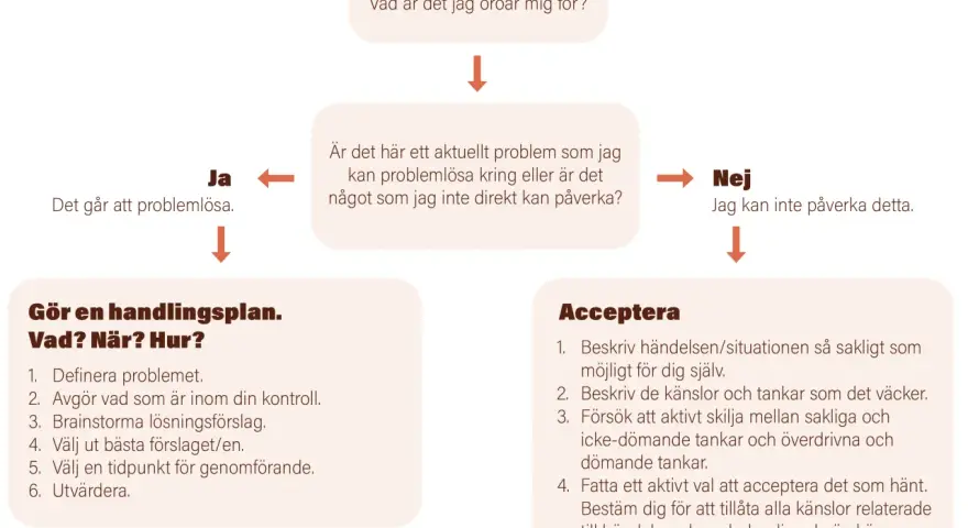 Flödesschema för coping svenska: beskriv problemet, gör en handlingsplan eller acceptera.