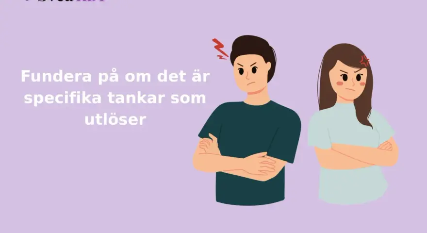 Två arga personer med armarna i kors. Texten lyder: "Fundera på om det specifika tankar som utlöser". Kanske en del av en kontrollerande partner test.