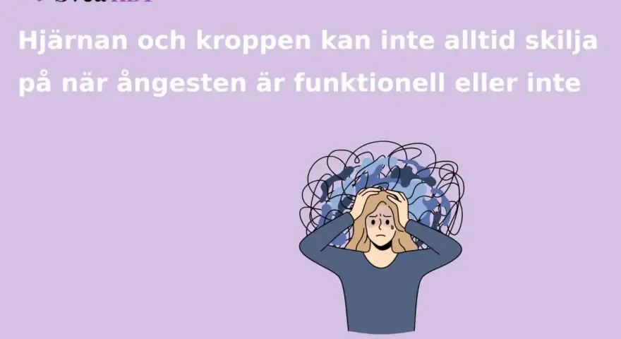 En person med händerna på huvudet, omgiven av kaotiska linjer som symboliserar stark ångest. Texten lyder: "Hjärnan och kroppen kan inte alltid skilja på när ångesten är funktionell eller inte.