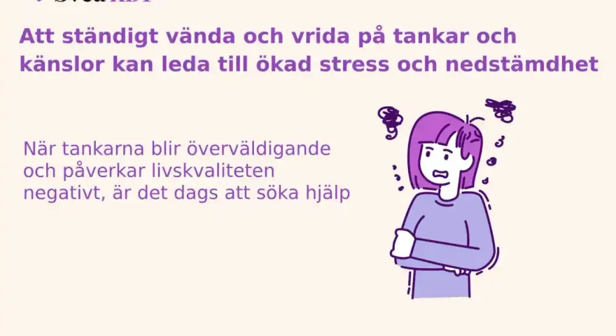 En person med armarna i kors och oroliga tankar som virvlar runt huvudet. Negativa tankar kan leda till depression och nedstämdhet.