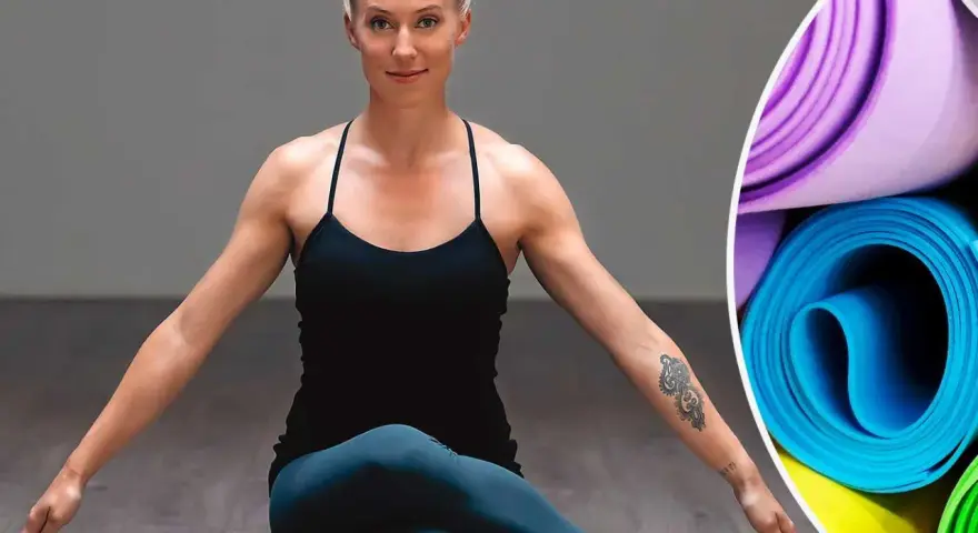 Kvinna i yogaposition, redo för liggande meditation. Rullade yogamattor i bakgrunden.
